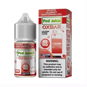 White Gummy Watermelon Salt Nic Pod Juice by Oxbar, 30ml bottle with watermelon and gummy candy flavor.